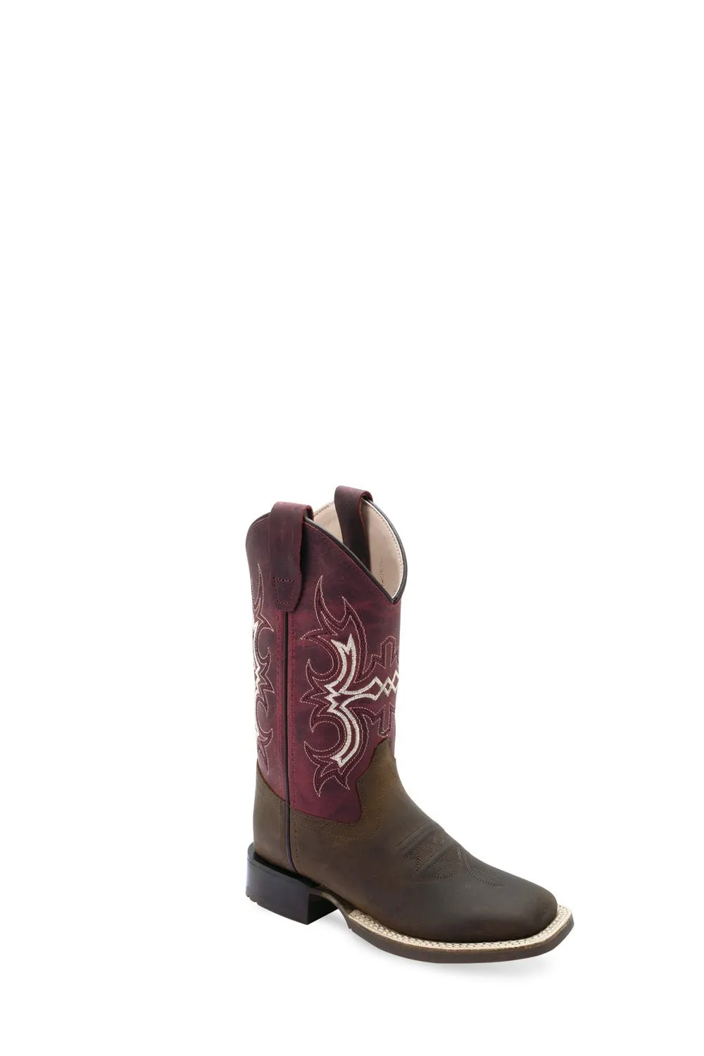 Old West Kids Unisex Broad Square Toe Brown/Cloudy Burgundy Leather Cowboy Boots