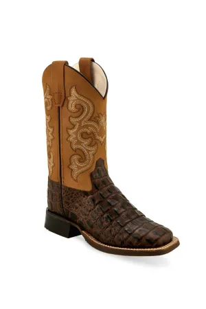 Old West Tan/Brown Childrens Boys Leather Faux Gator Cowboy Boots 8.5D