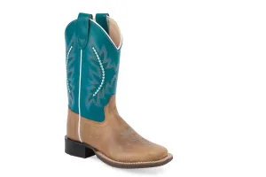 Old West Youth Unisex Broad Square Toe Tan/Turquoise Leather Cowboy Boots