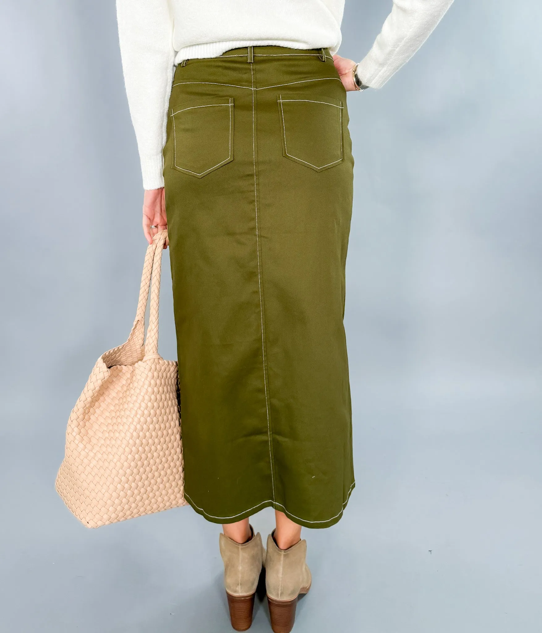 Olive Green Twill Midi Skirt - FINAL SALE