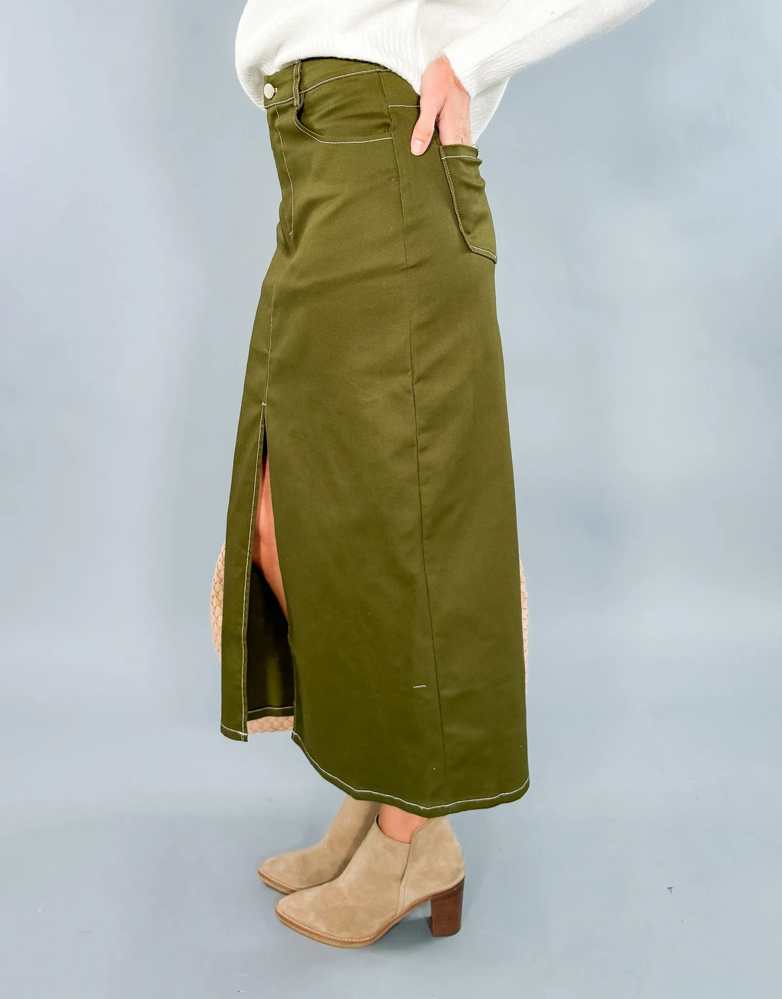 Olive Green Twill Midi Skirt - FINAL SALE