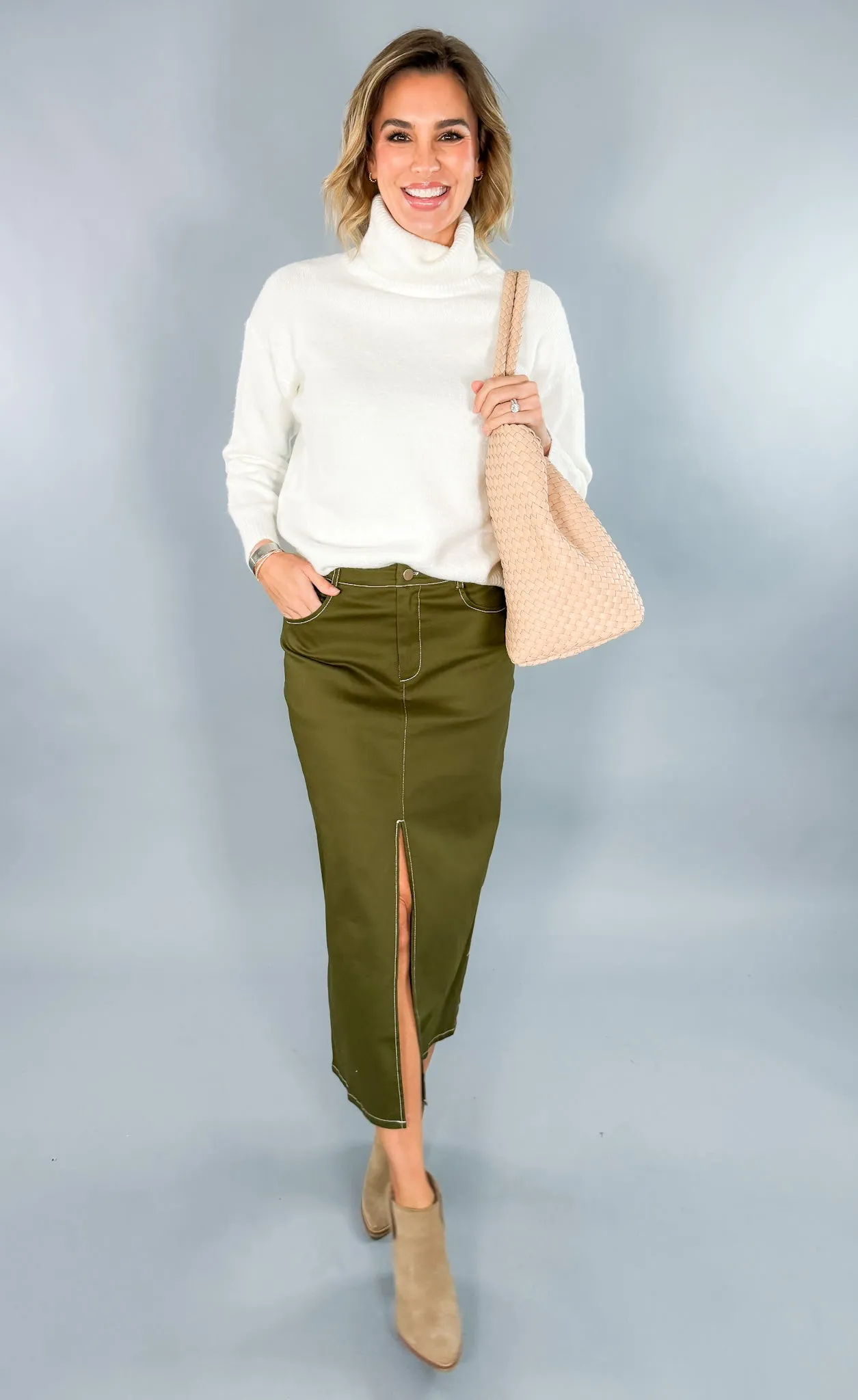 Olive Green Twill Midi Skirt - FINAL SALE