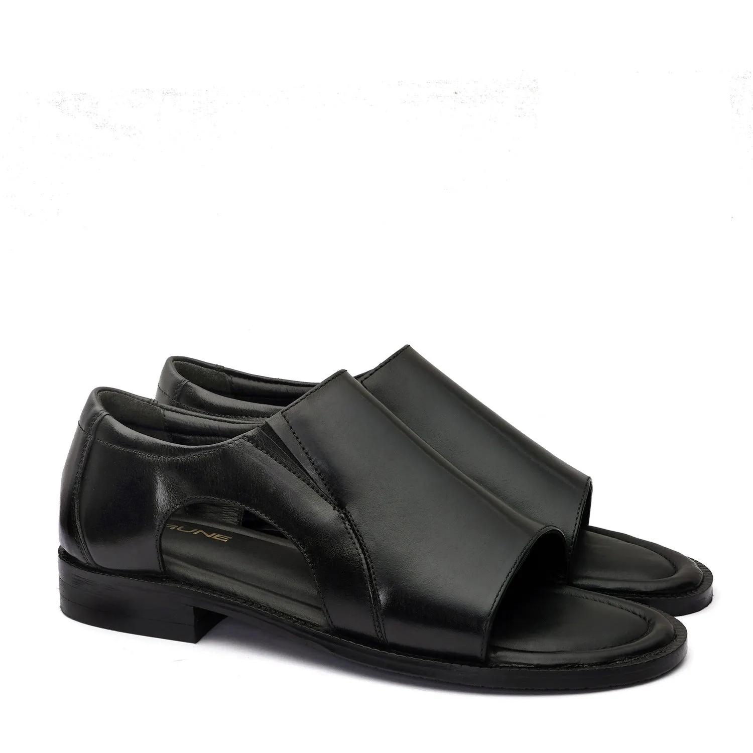 Open Toe Black Leather Sandal