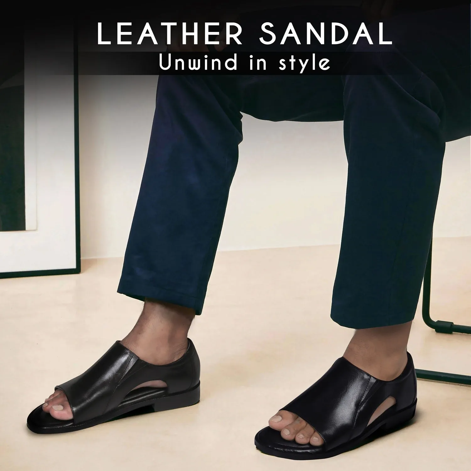 Open Toe Black Leather Sandal