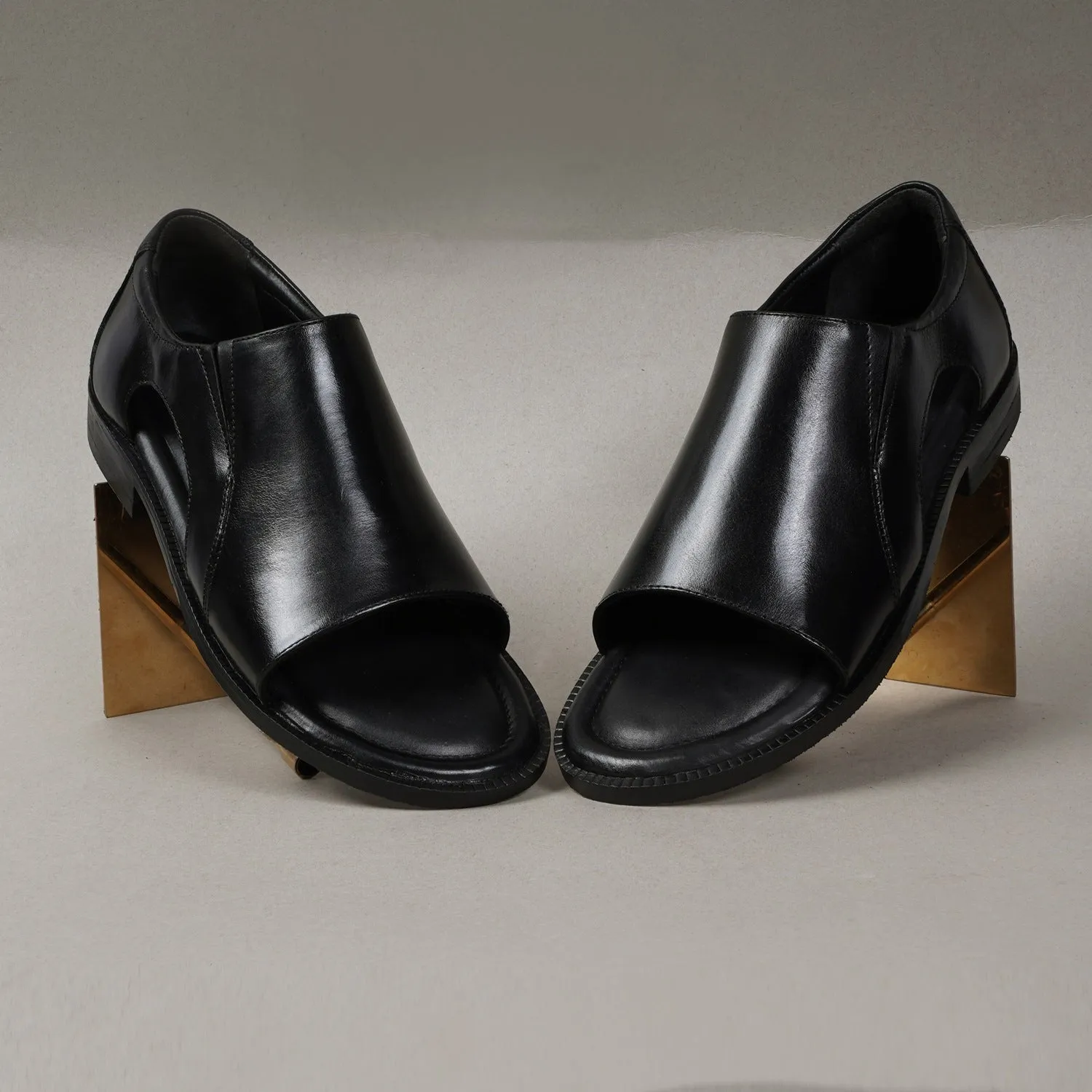 Open Toe Black Leather Sandal