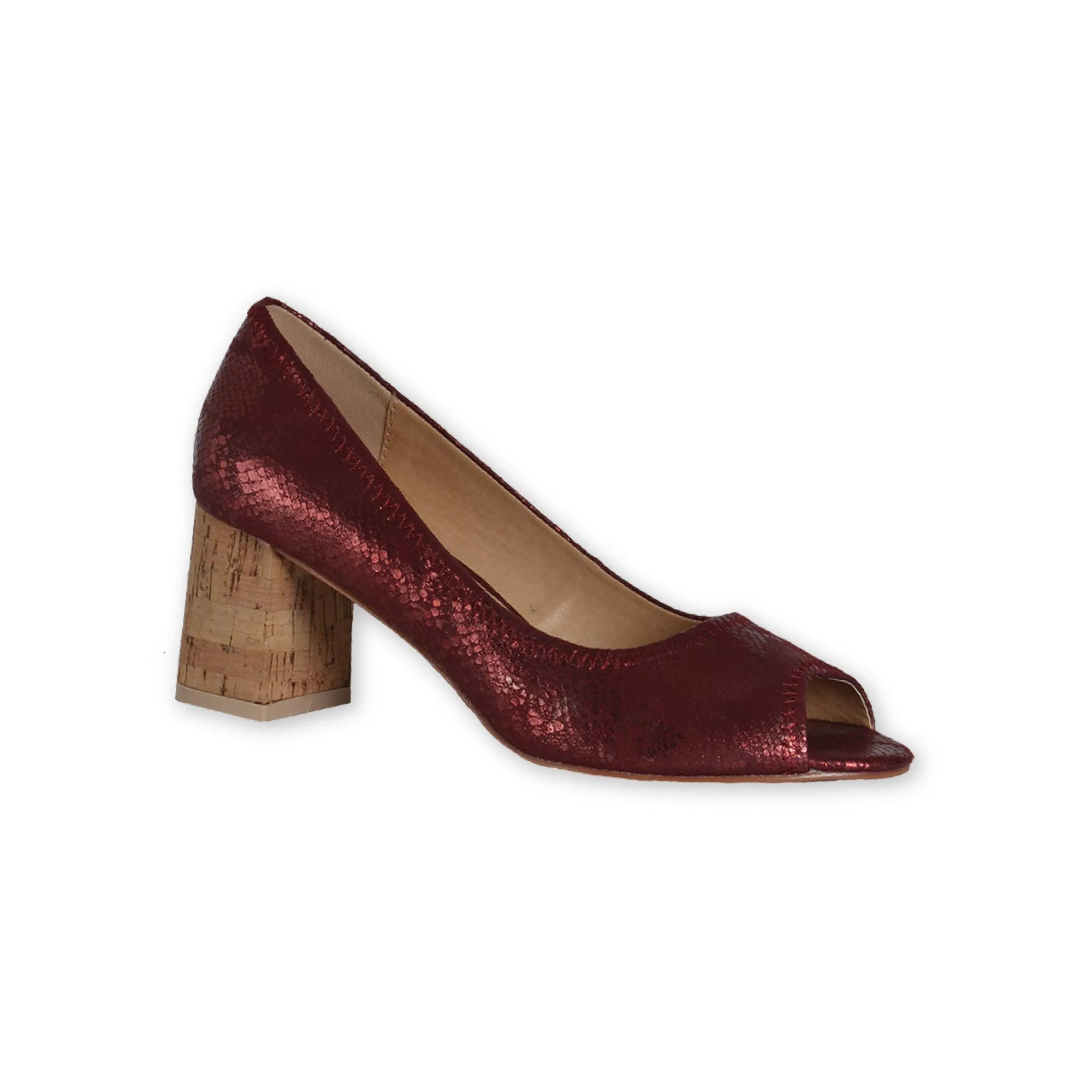 Peep Toe Pumps - Wine Metallic Snake Print