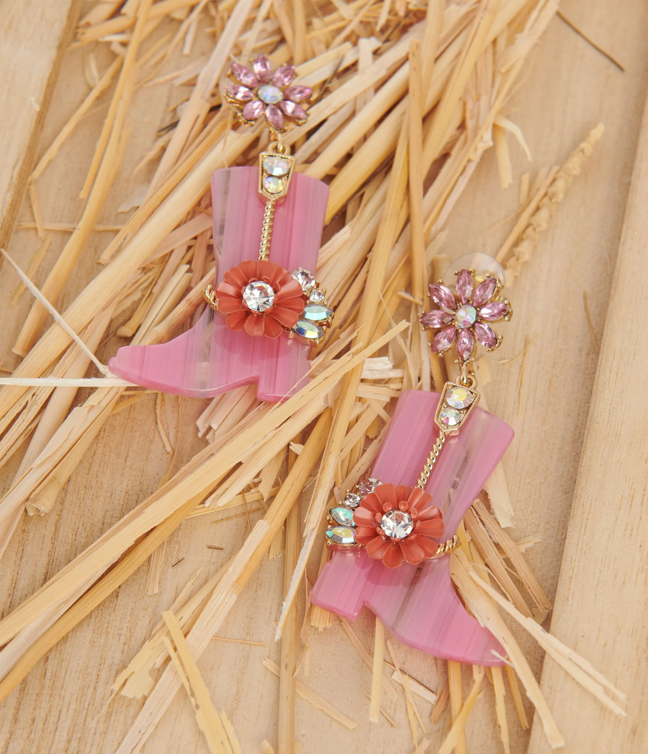 Pink Floral Rhinestone Cowboy Boot Earrings