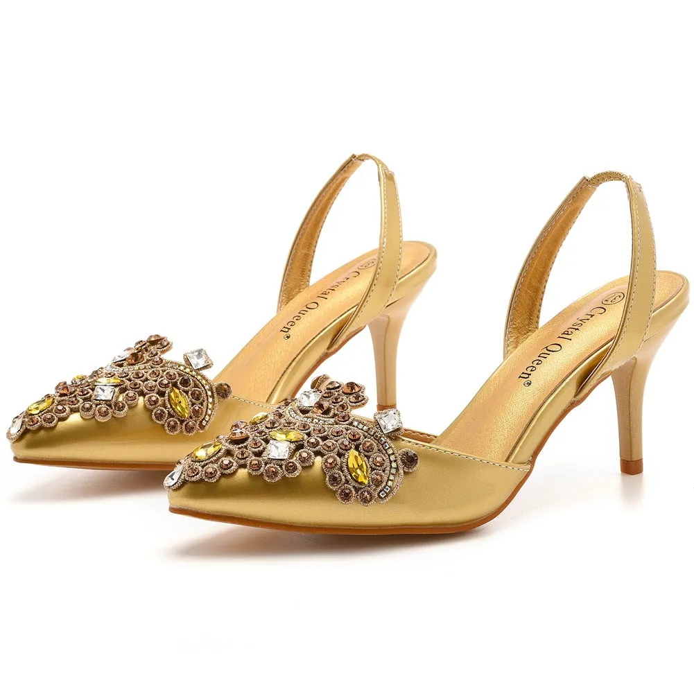 Pointed Toe Classic Rhinestone Flower Slingback High Heels