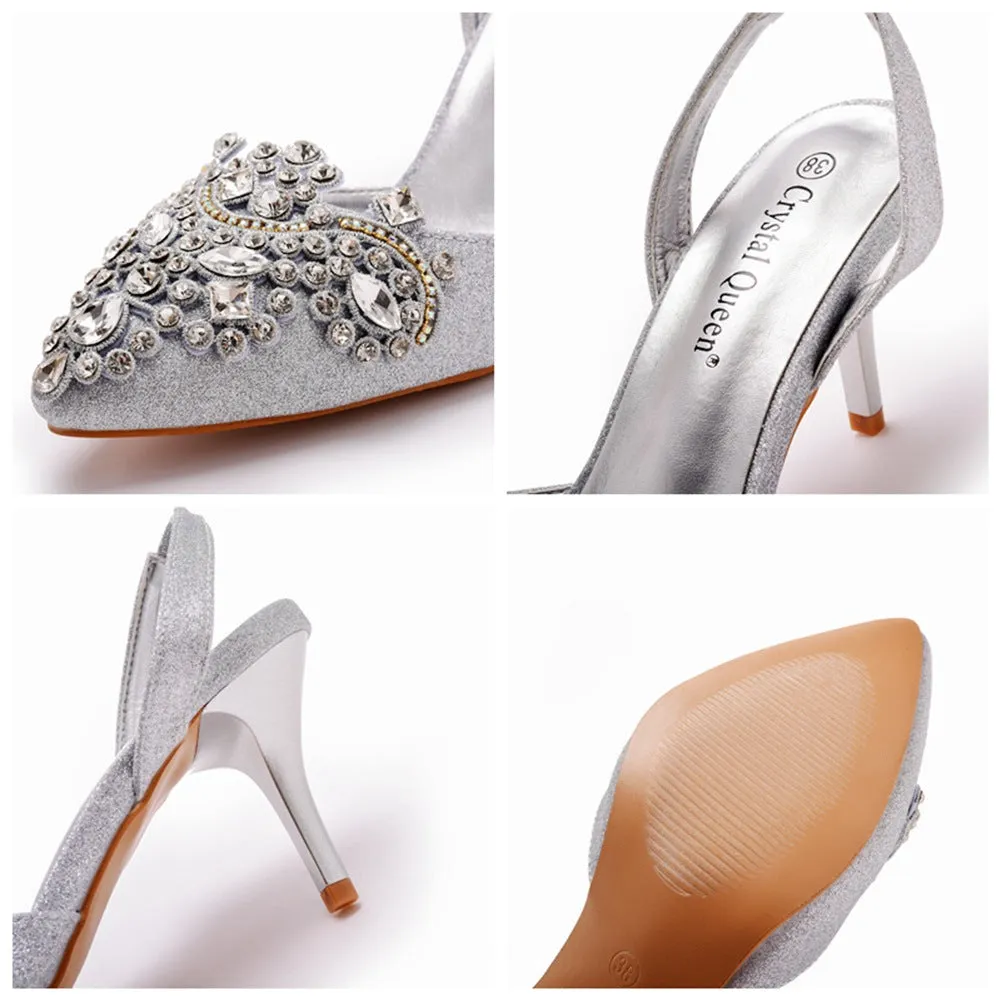 Pointed Toe Classic Rhinestone Flower Slingback High Heels