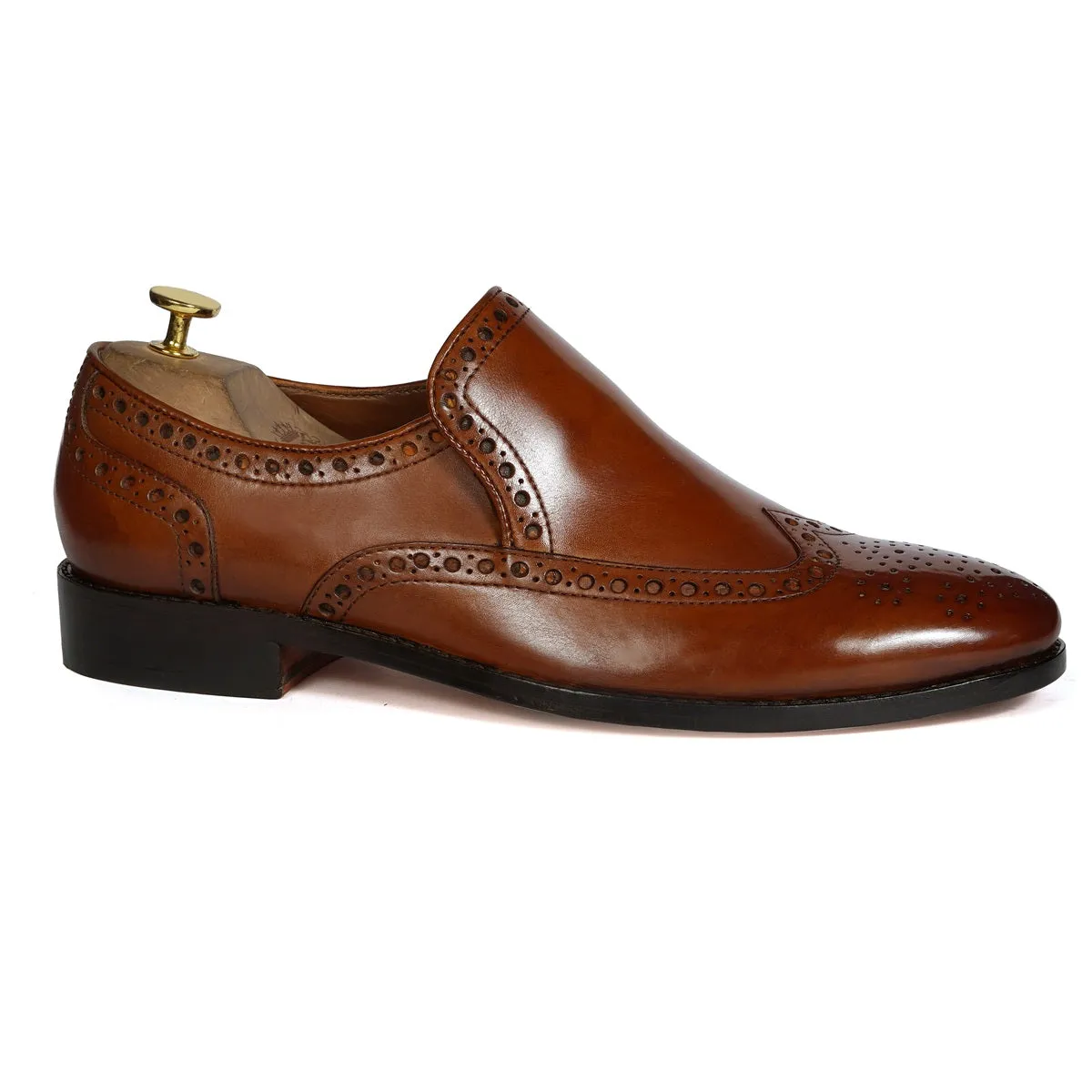 Punching Brogue Formal Slip-On Shoes in Genuine Tan Leather