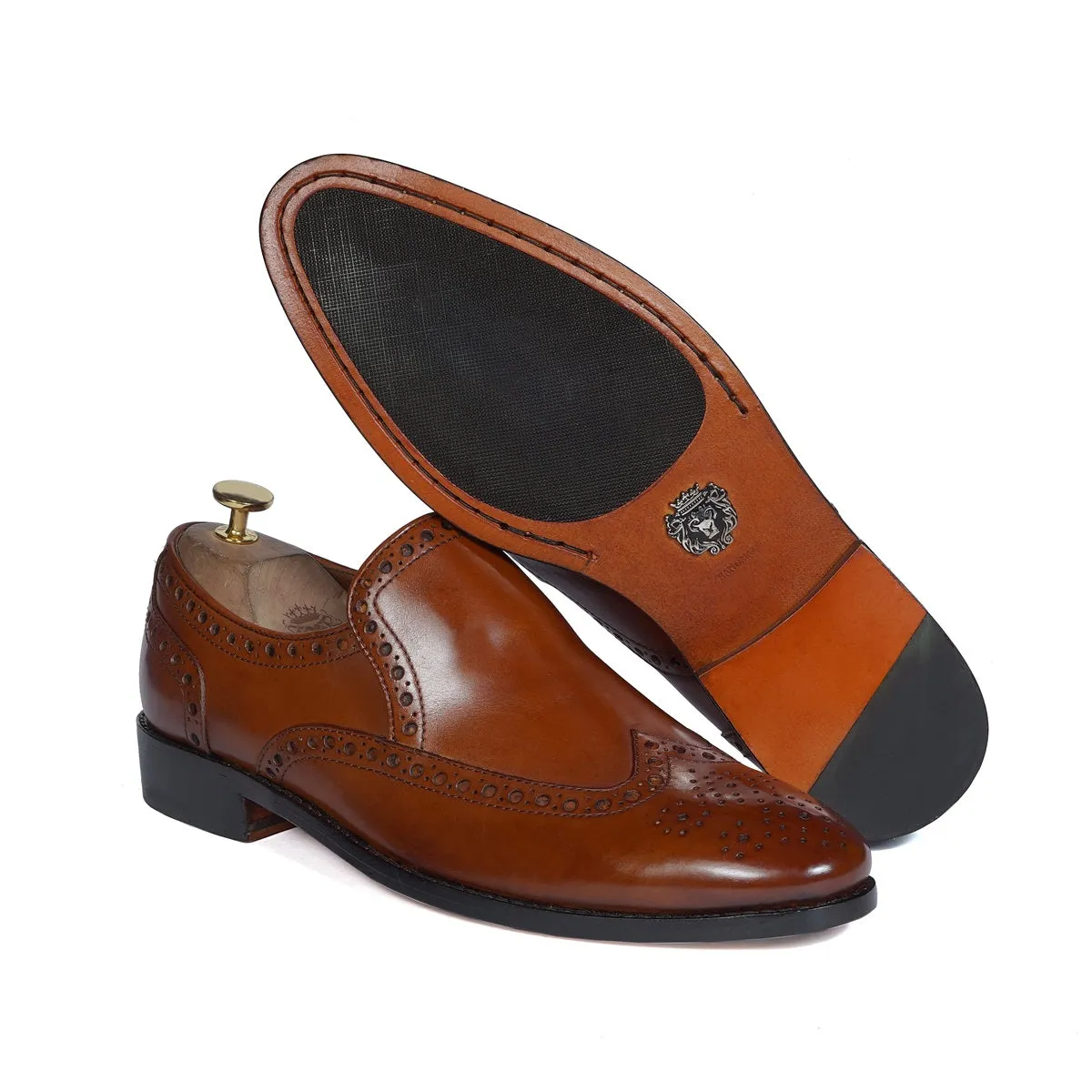 Punching Brogue Formal Slip-On Shoes in Genuine Tan Leather