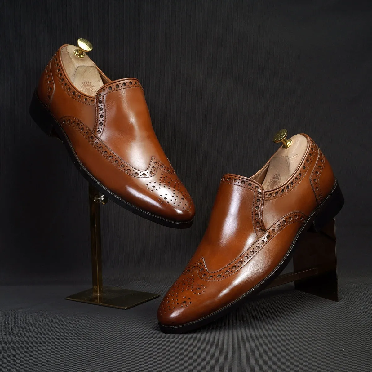 Punching Brogue Formal Slip-On Shoes in Genuine Tan Leather