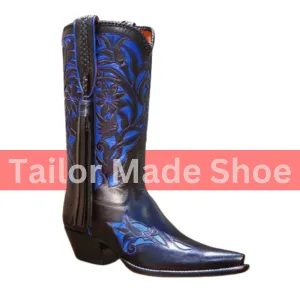 Pure Genuine Handmade Men's Blue Leather Western Mexican Cowboy Boots