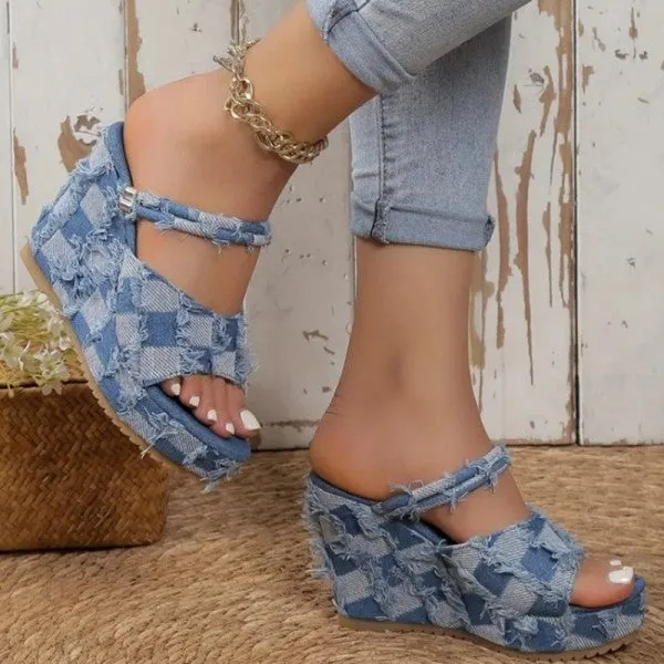 Purpdrank - Light Blue Casual Patchwork Fish Mouth Out Door Wedges Shoes