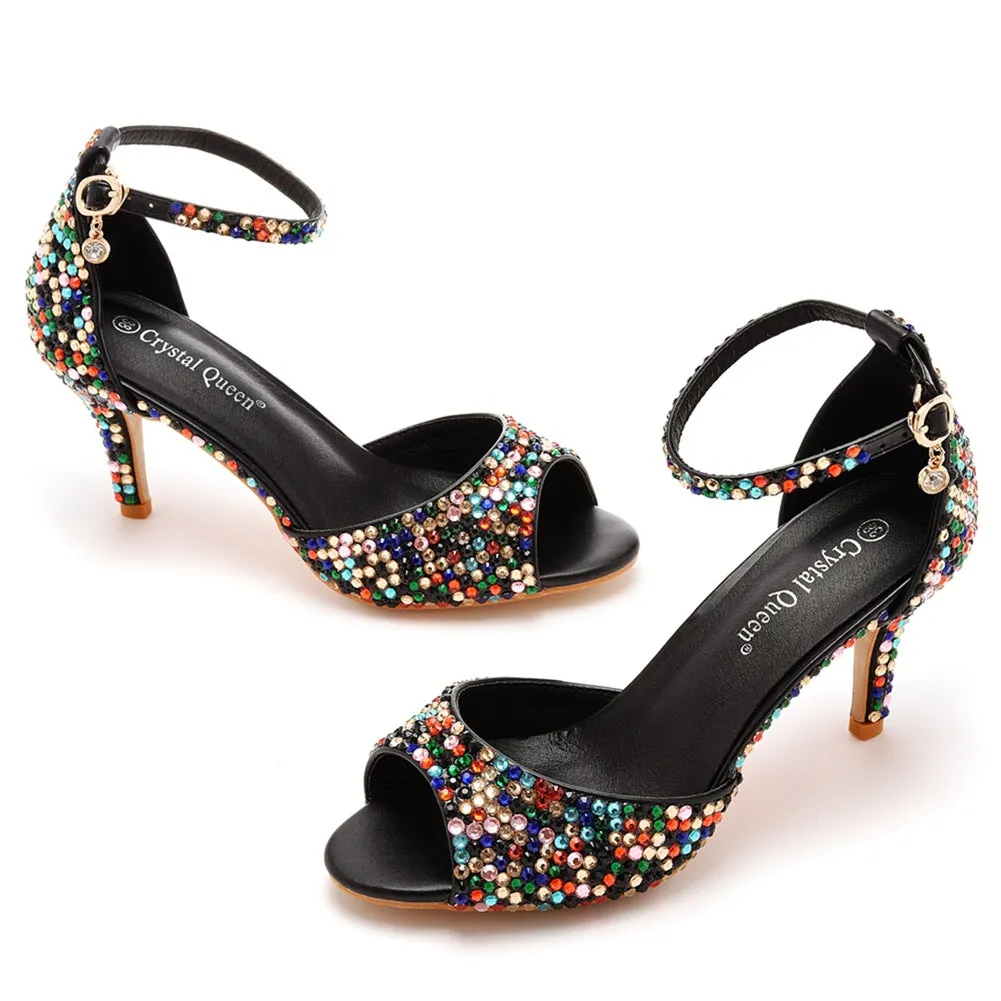 Rhinestone Shallow Peep Toe Ankle Strap High Heel Sandals