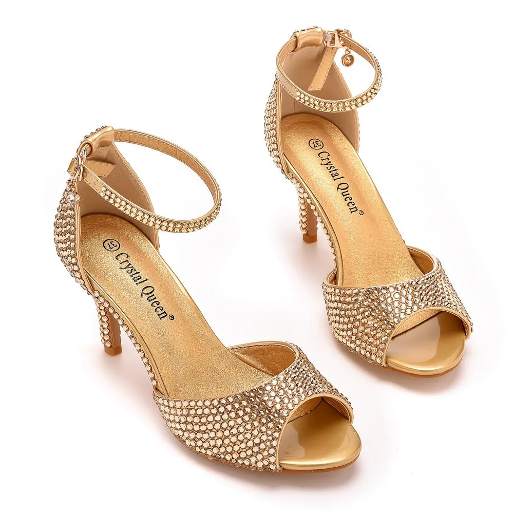 Rhinestone Shallow Peep Toe Ankle Strap High Heel Sandals