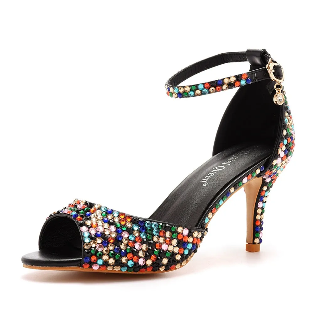 Rhinestone Shallow Peep Toe Ankle Strap High Heel Sandals