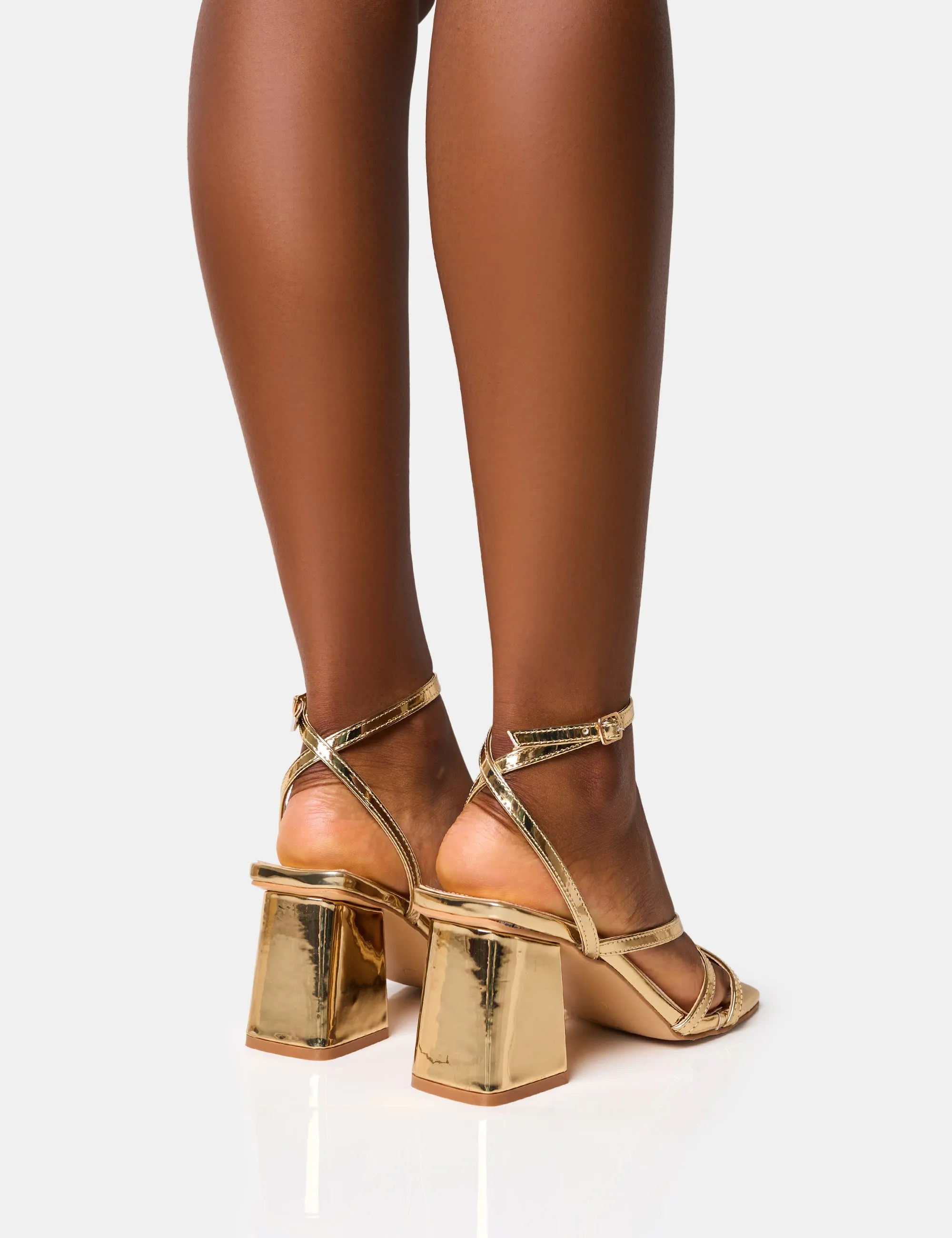 Robin Gold Strappy Square Toe Mid Block Heels