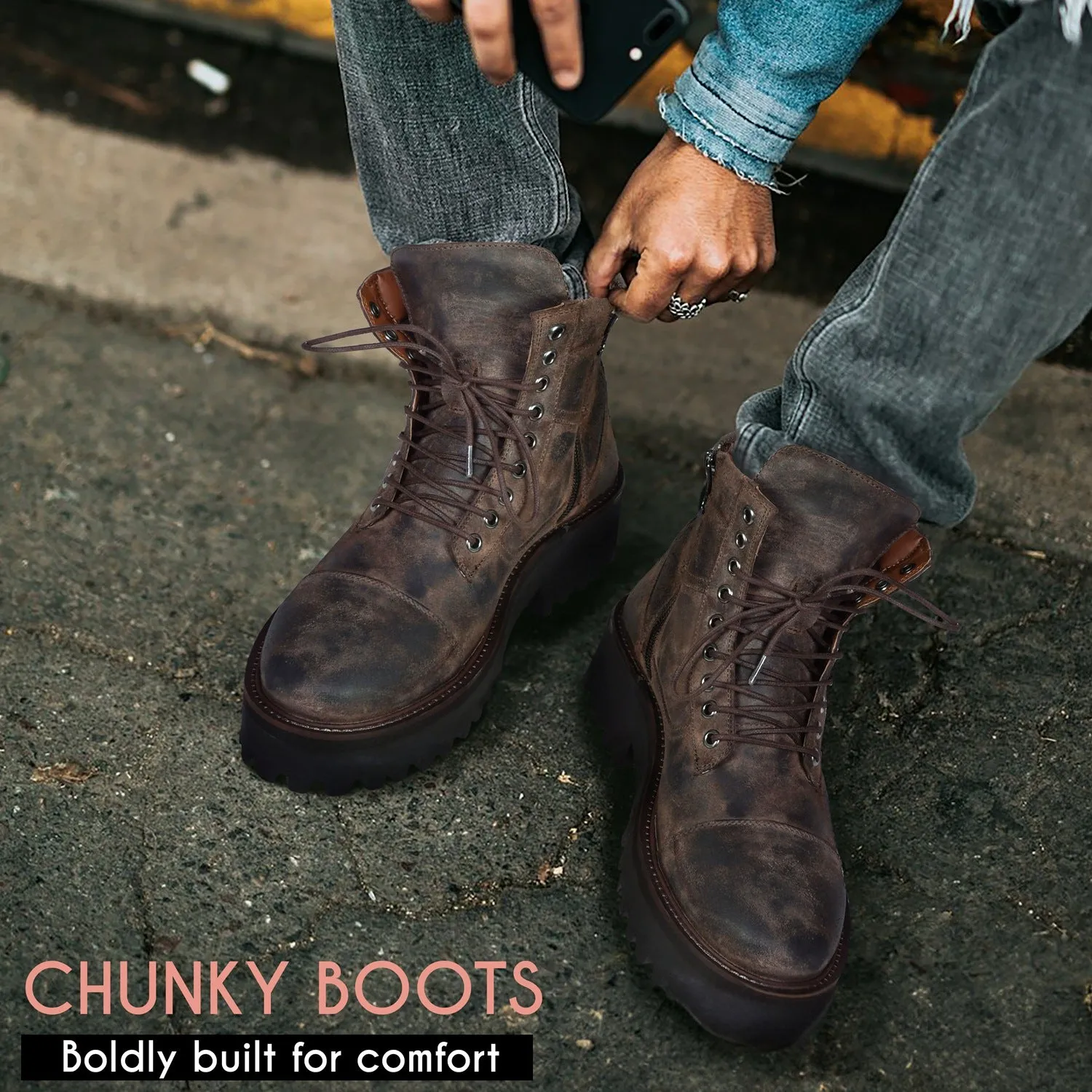 Rustic Dark Brown High Ankle Chunky Boot