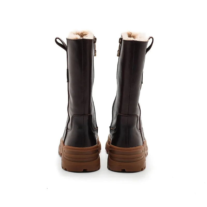 Shearling Lined Snow Boots Dwarves Leather Mid Calf Boots in Black/Brown/Coffee