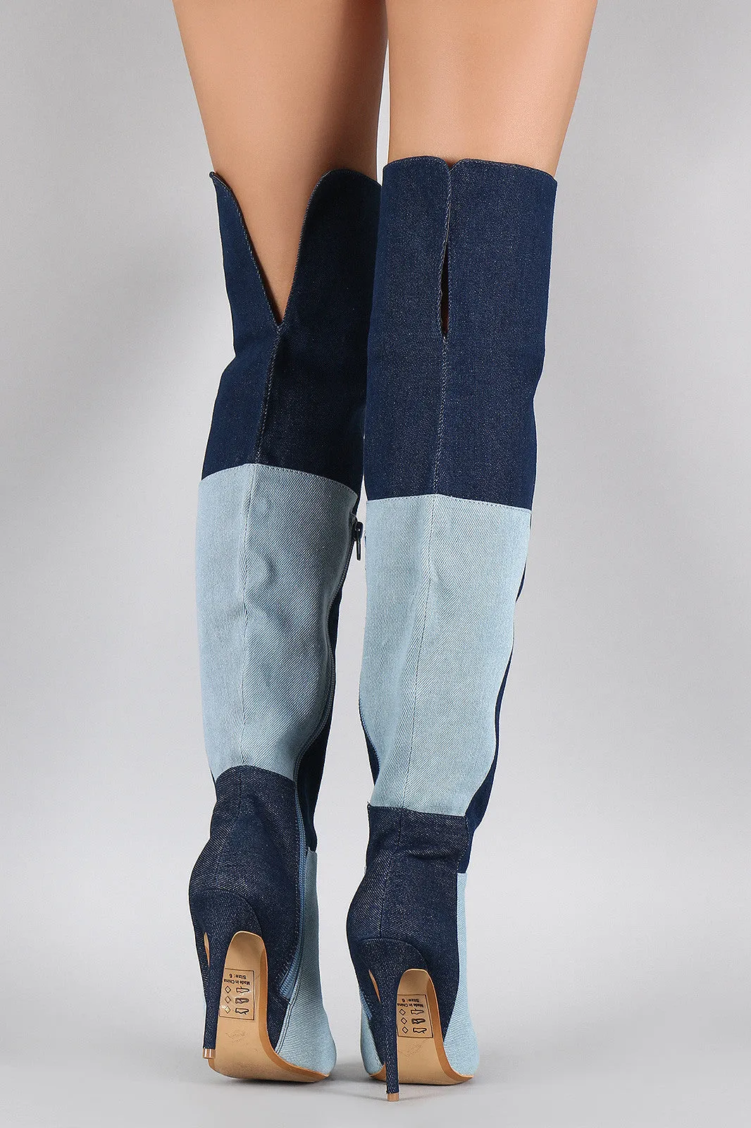 Shoe Republic LA Denim Colorblock Patchwork Stiletto Boots