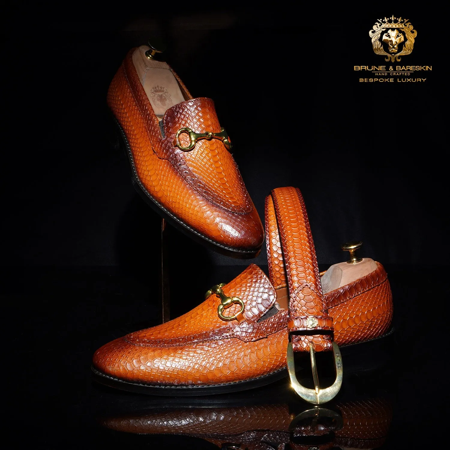 Snake Skin Textured Leather Combo of Loafer and Belt