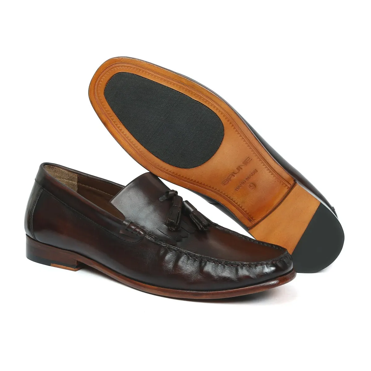 Tassel-Fringes Loafers in Dark Brown Leather with Leather Sole