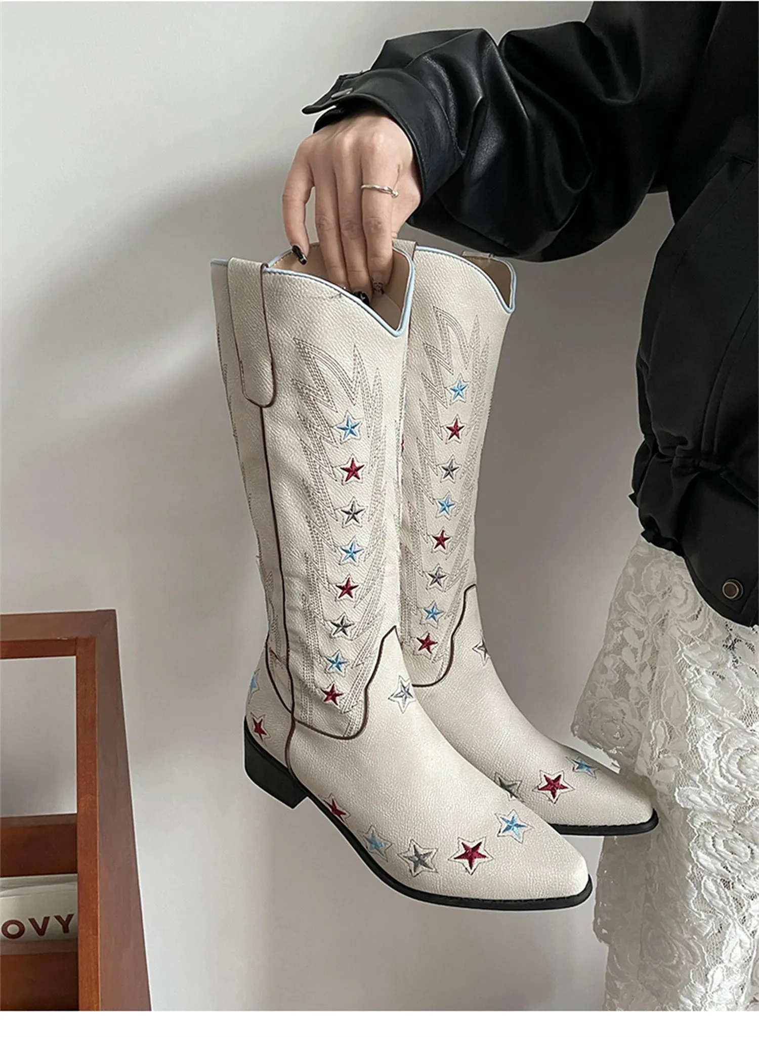 TAVIMART  -  Big Size 42 Embroidery Star Beige Western Cowboy Boots With Chunky Heels Pointed Toe Western Cowgirl Boots Knee High Boots Shoes