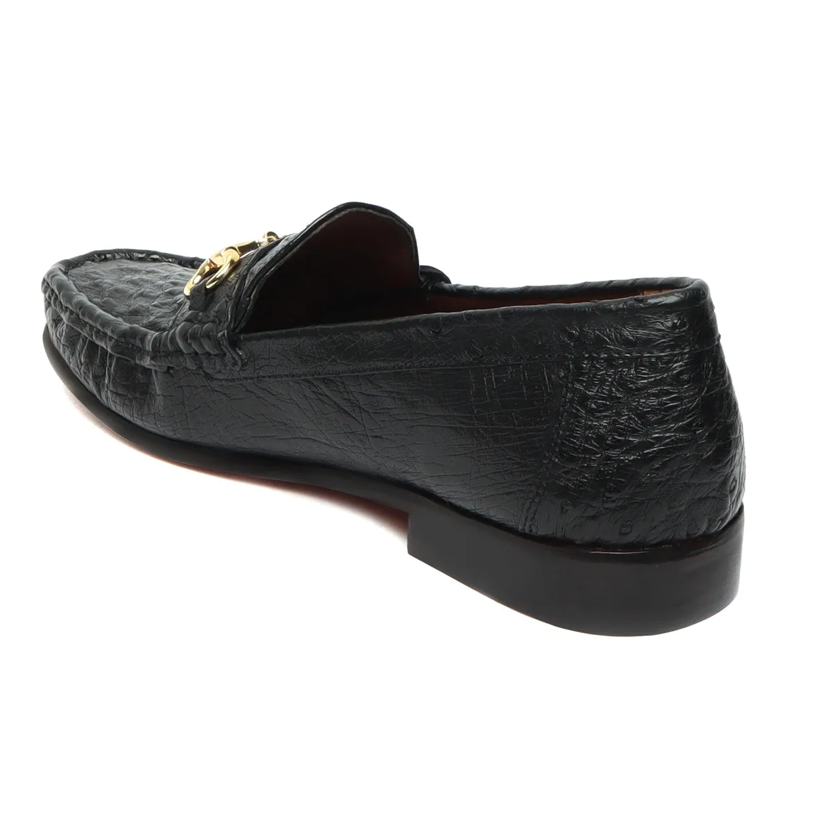 Ultra Light-Weight Horse-bit Loafer in Black Premium Authentic Ostrich Leather