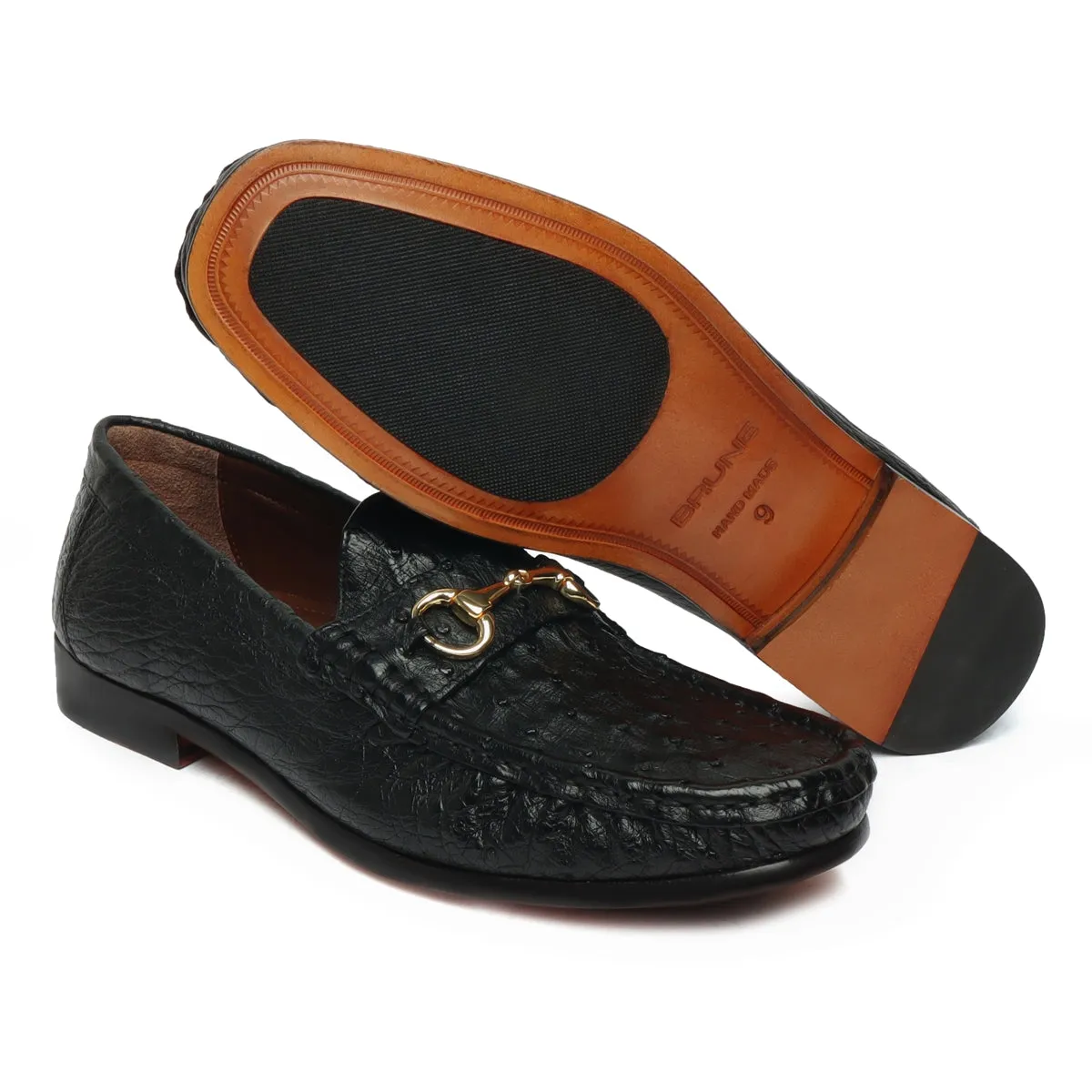 Ultra Light-Weight Horse-bit Loafer in Black Premium Authentic Ostrich Leather