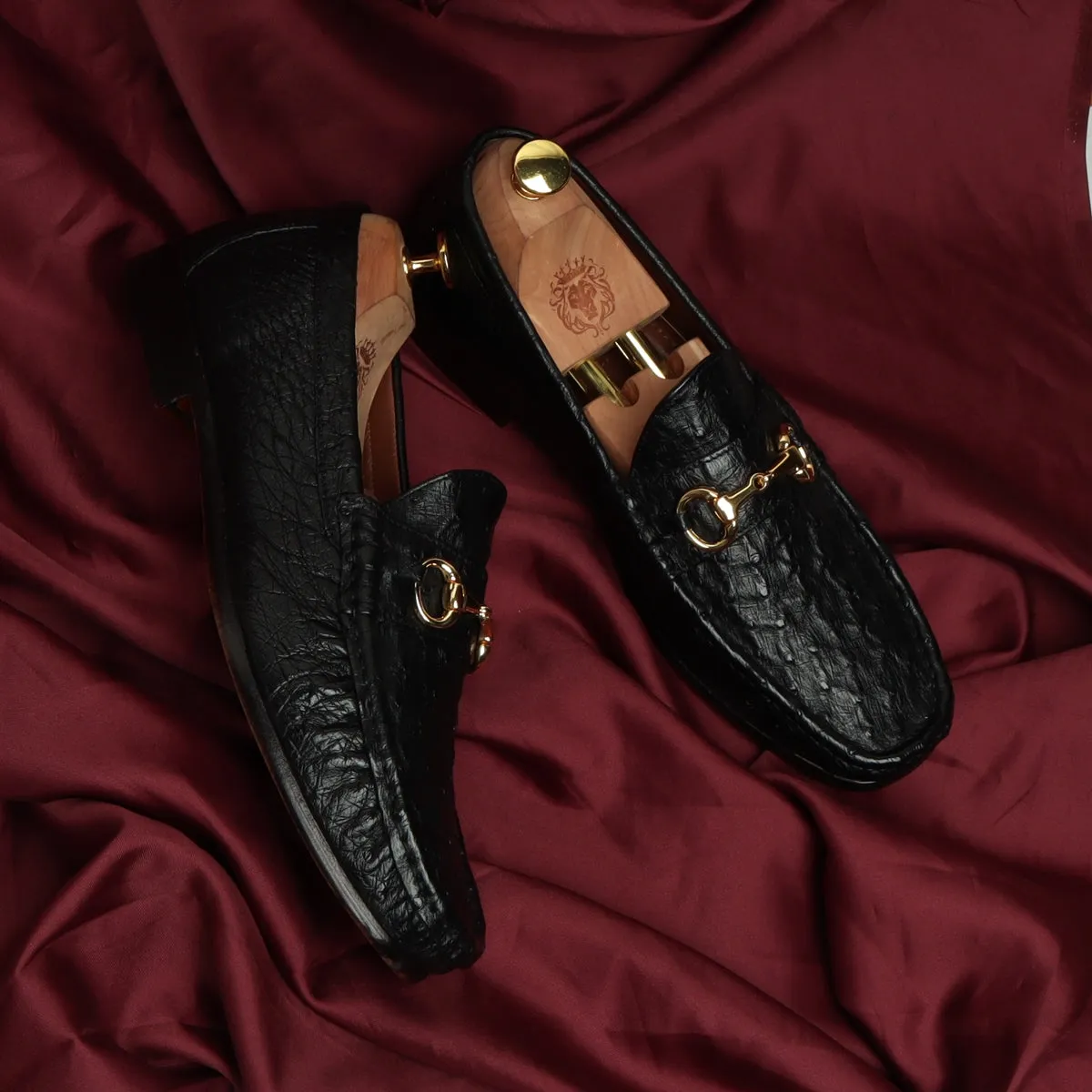 Ultra Light-Weight Horse-bit Loafer in Black Premium Authentic Ostrich Leather