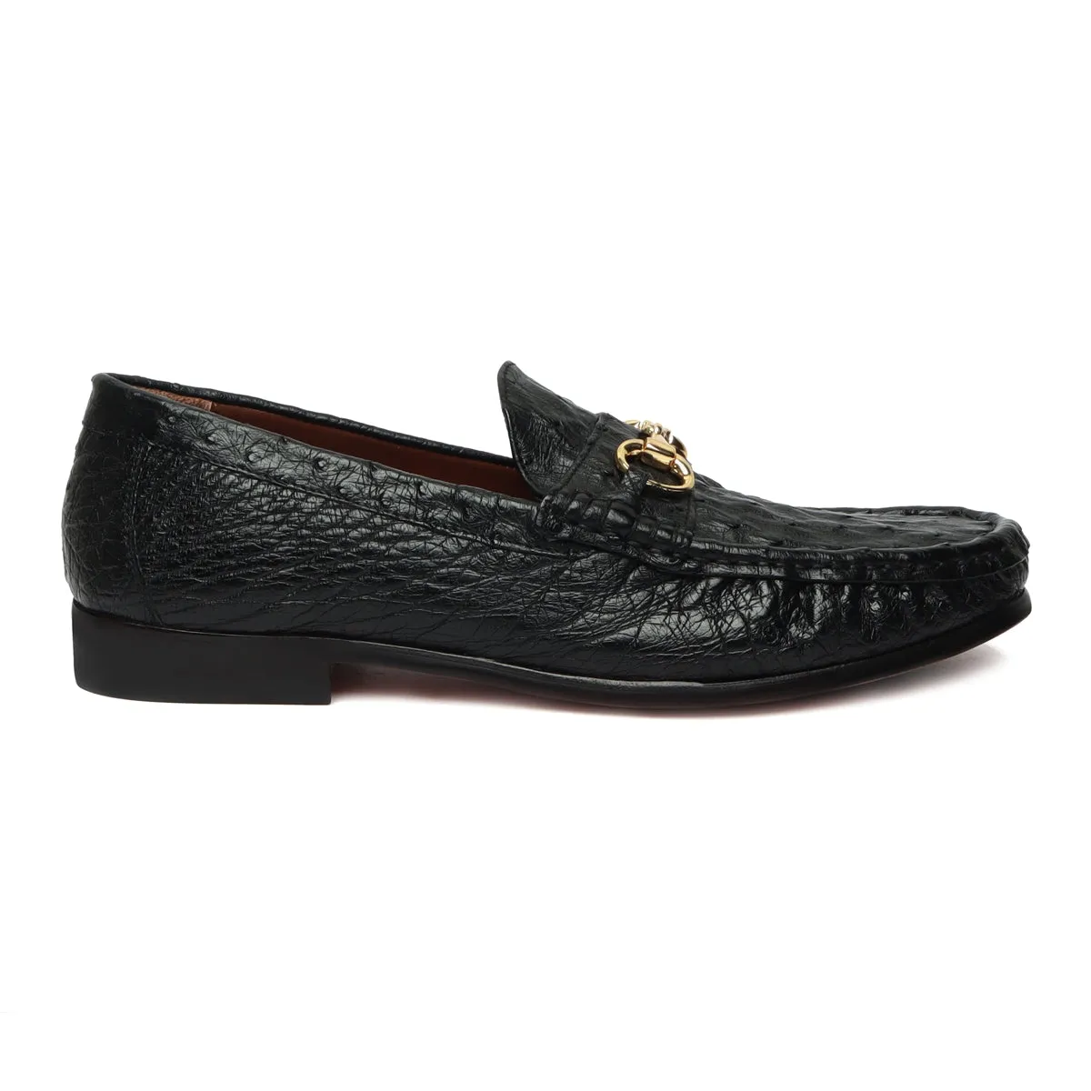 Ultra Light-Weight Horse-bit Loafer in Black Premium Authentic Ostrich Leather