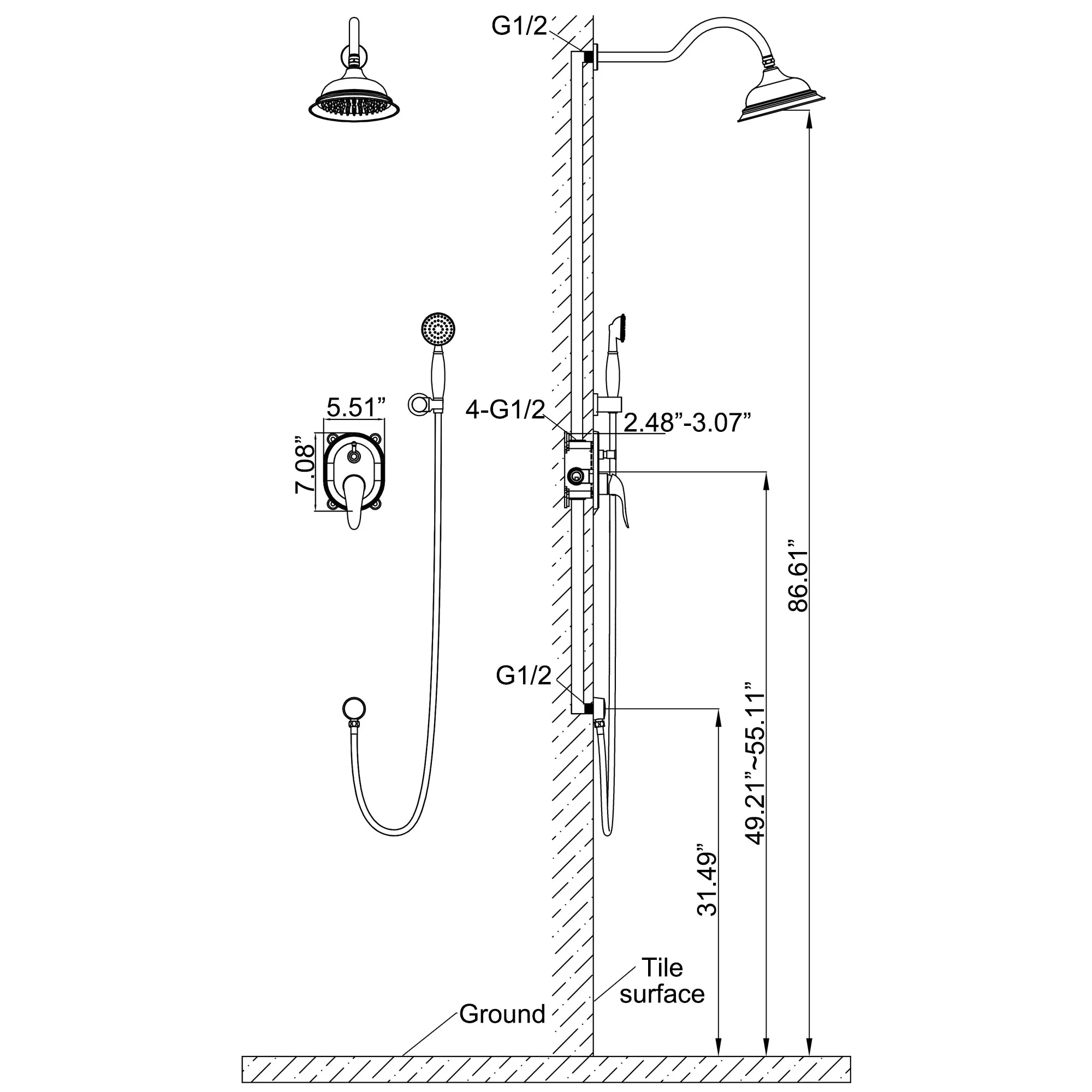 Wall Mount Antique Shower System with 6 inch Rainfall Head and Pressure Balance Valve HG6042MB