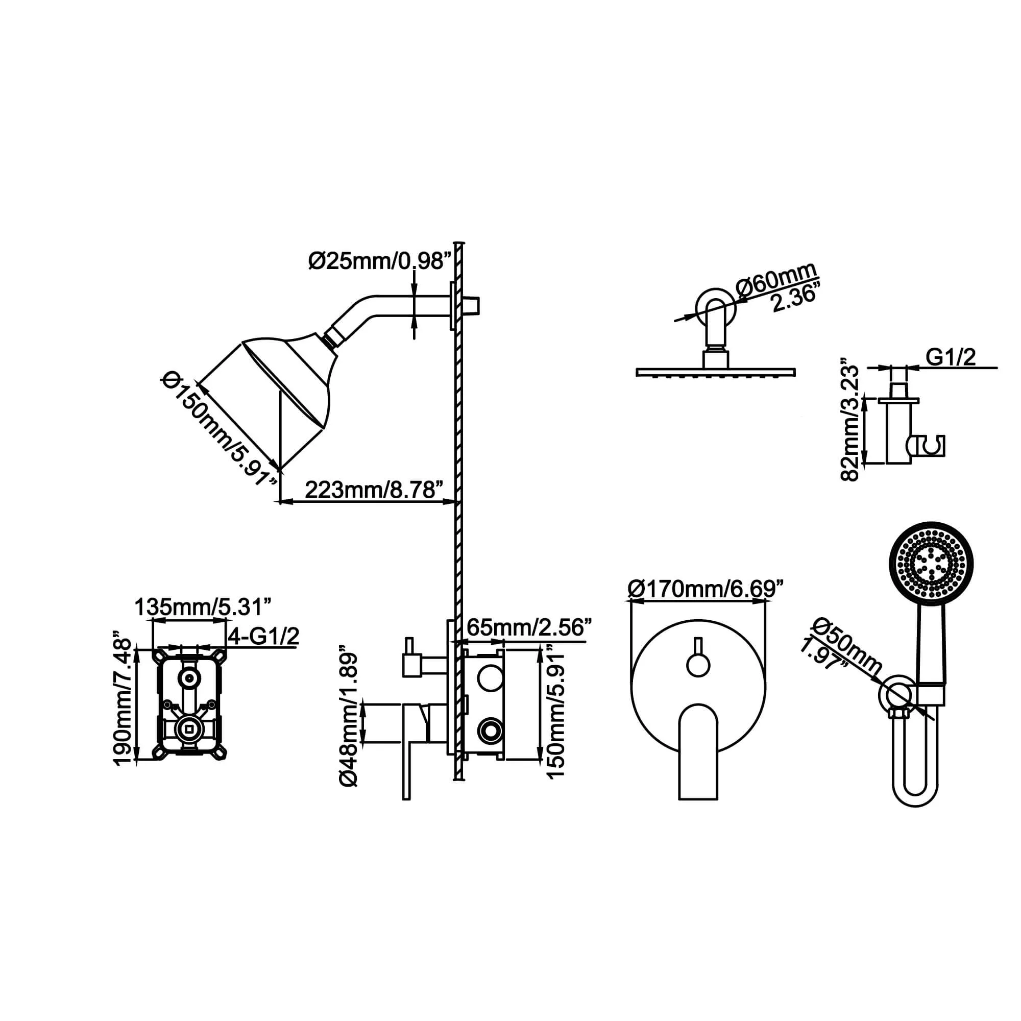 Wall Mount Shower Faucet With 5-Function Shower Head Rainfall Shower Brushed Nickel LYJ0011