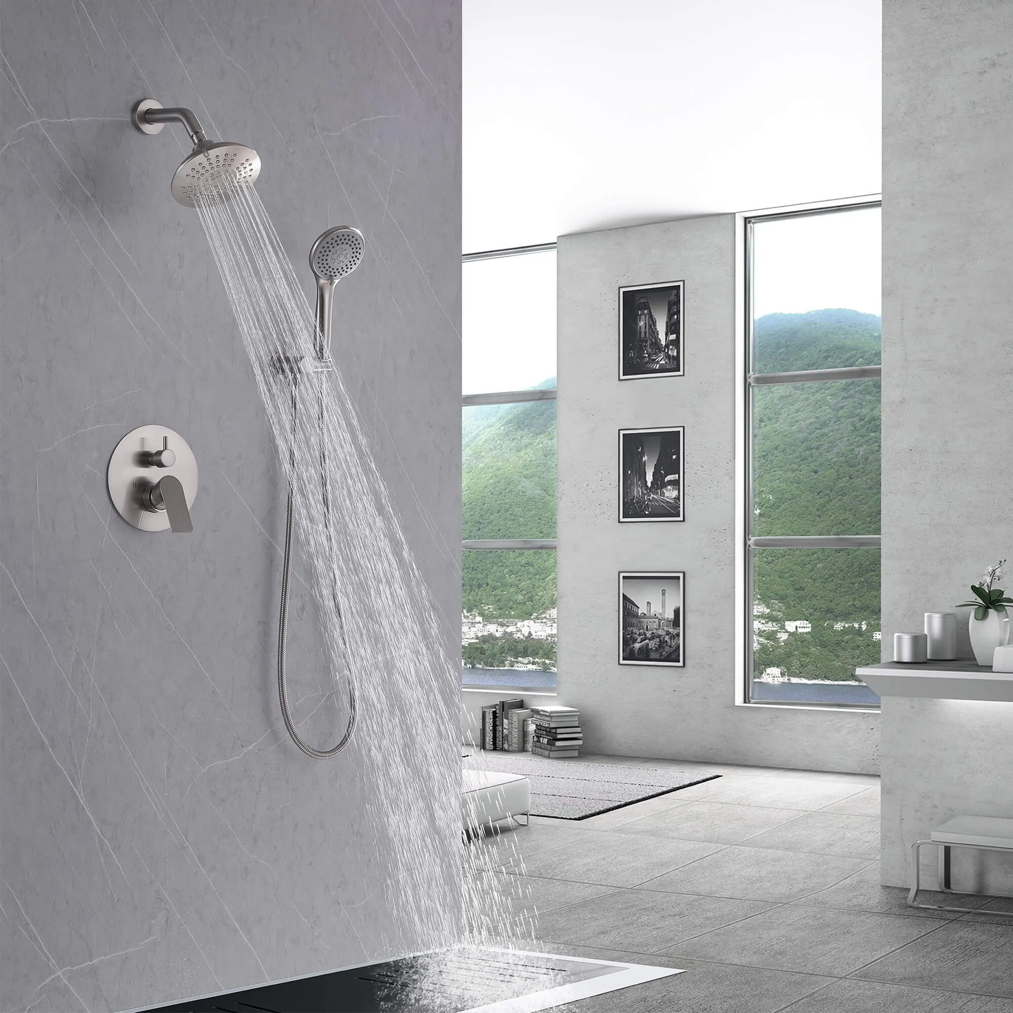 Wall Mount Shower Faucet With 5-Function Shower Head Rainfall Shower Brushed Nickel LYJ0011