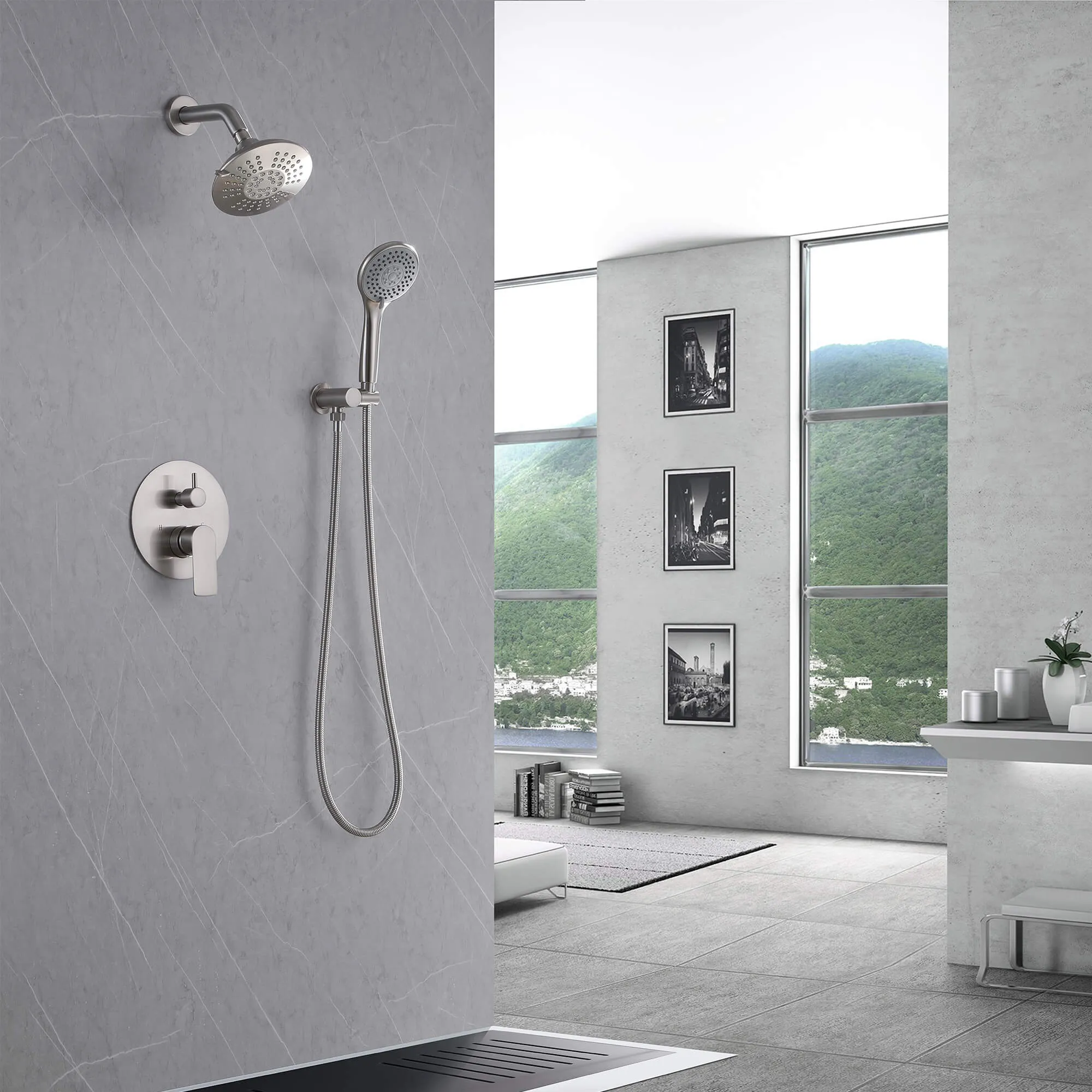 Wall Mount Shower Faucet With 5-Function Shower Head Rainfall Shower Brushed Nickel LYJ0011