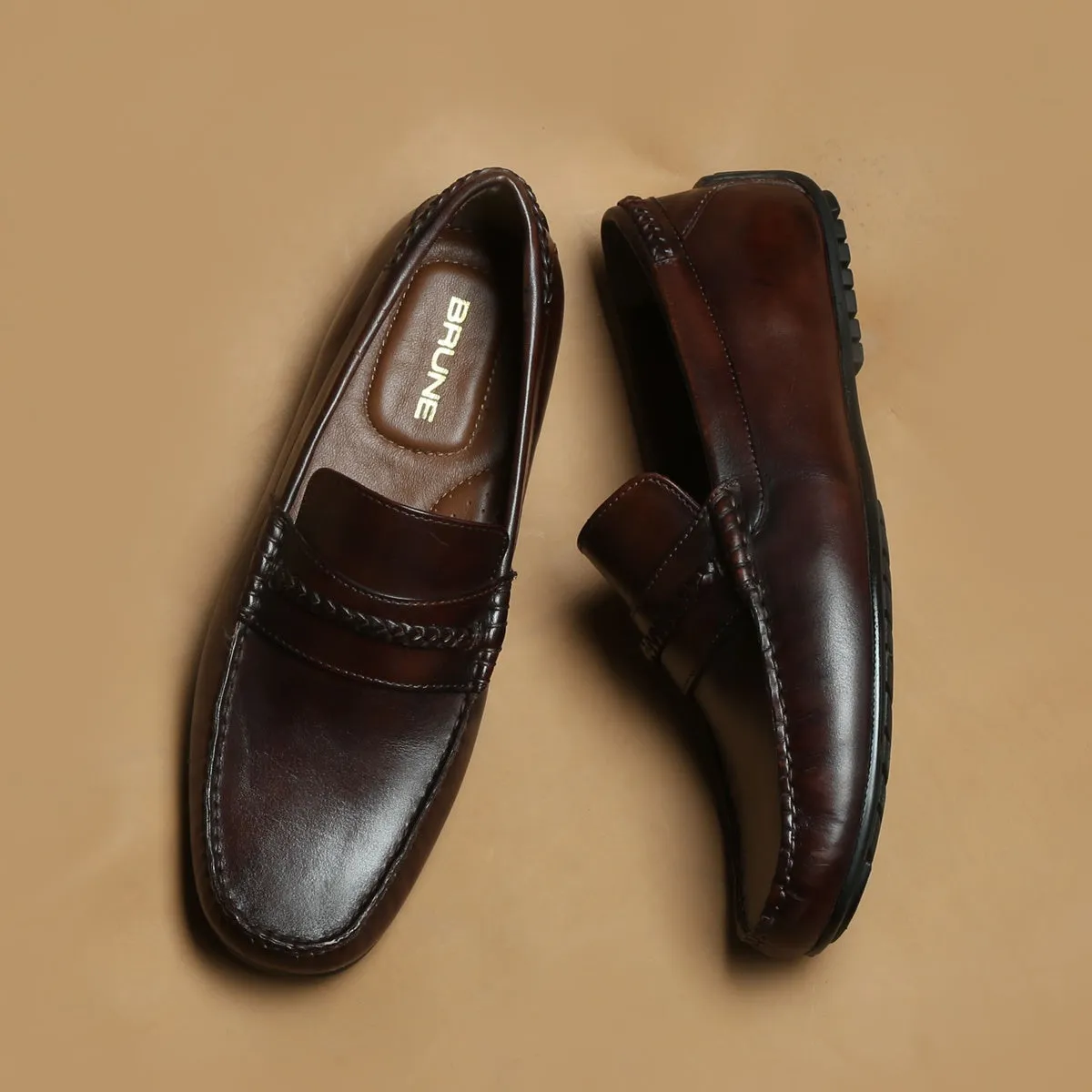 Weaved Moccasin Loafers Dark Brown Leather