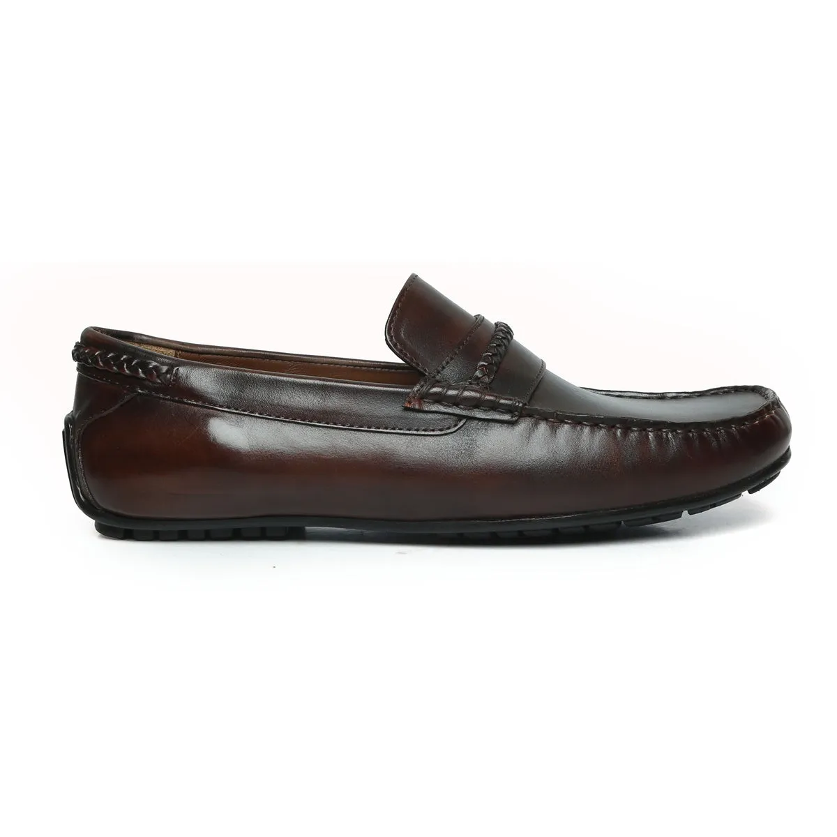 Weaved Moccasin Loafers Dark Brown Leather