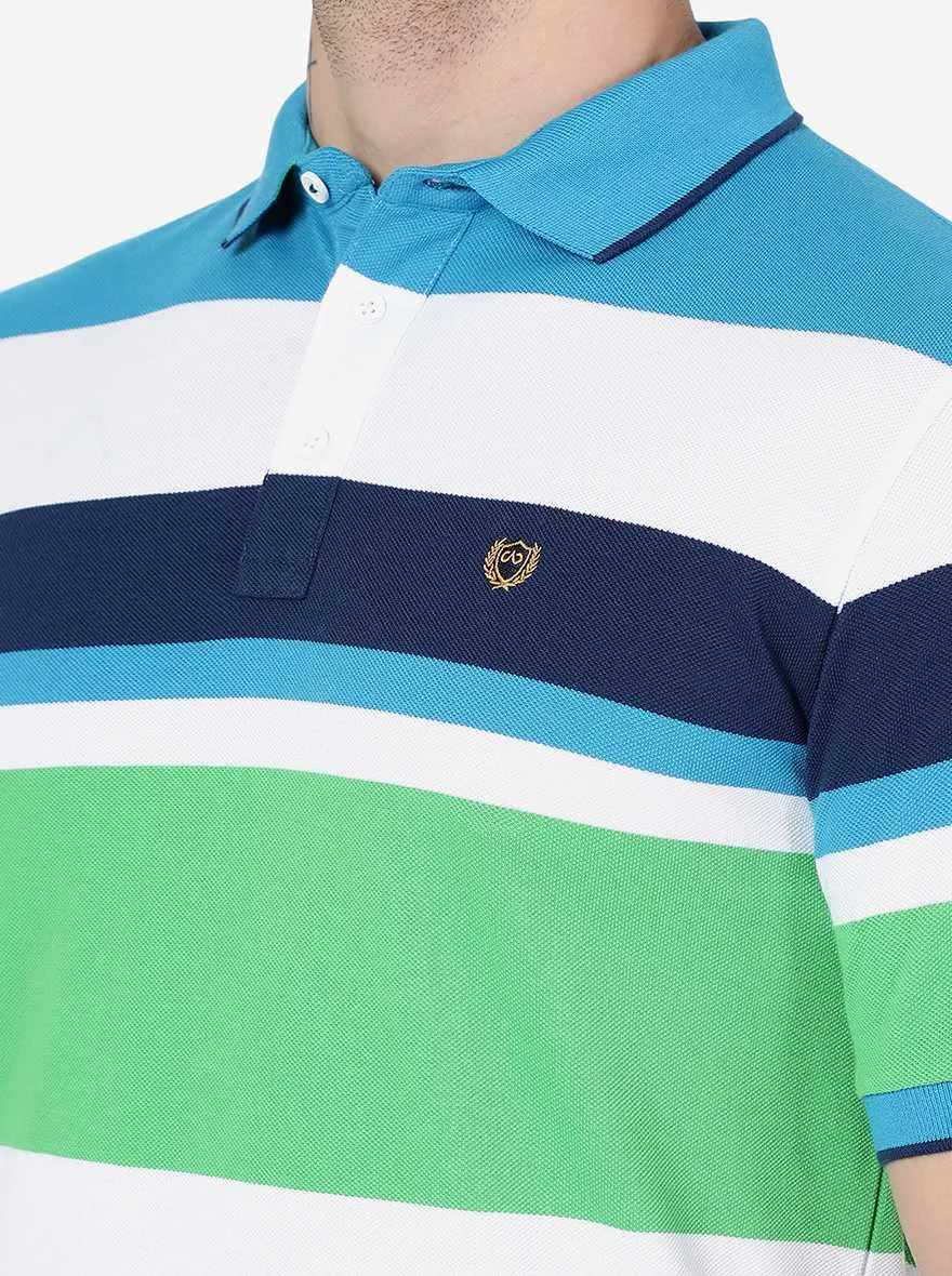 White & Green Striped Slim Fit Polo T-Shirt | JadeBlue