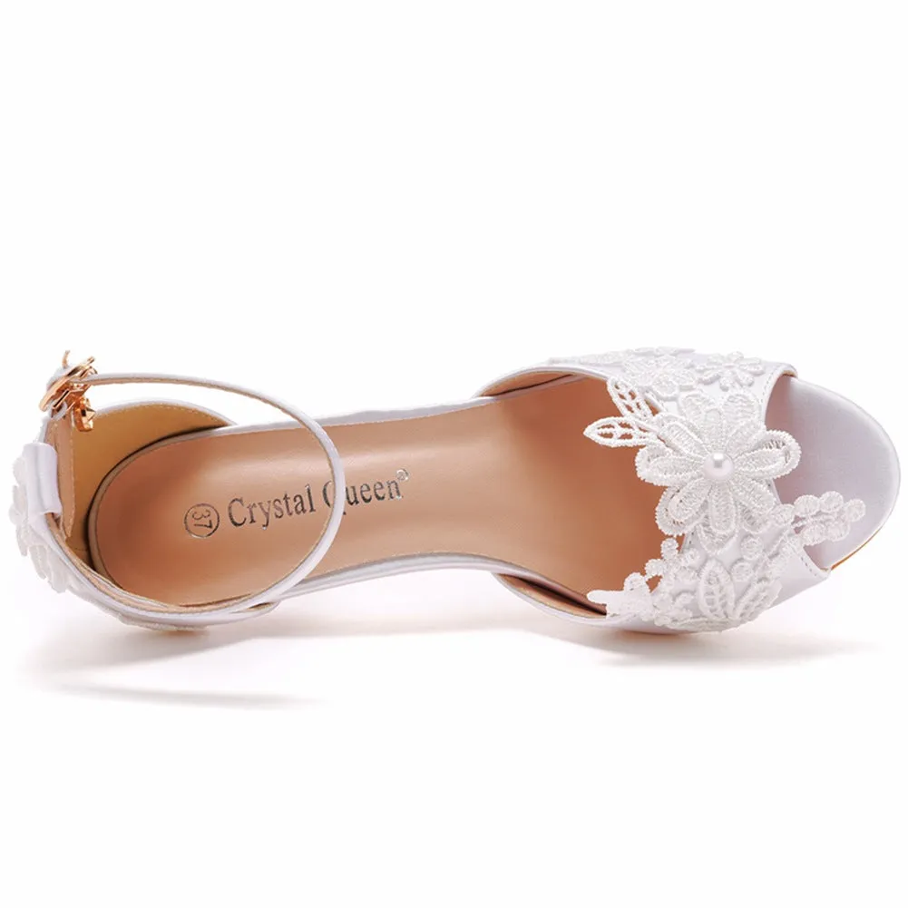 White Satin Floral Lace One-Strap Peep Toe High Heel Sandals