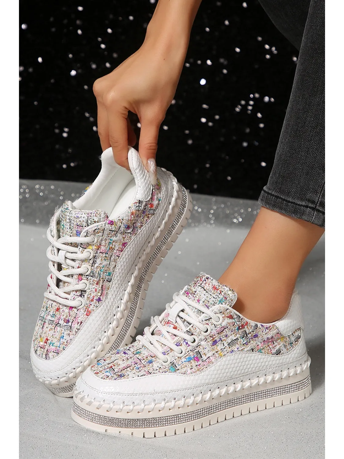 White Shiny Sequin Slip On Thick Sole Flat Shoes