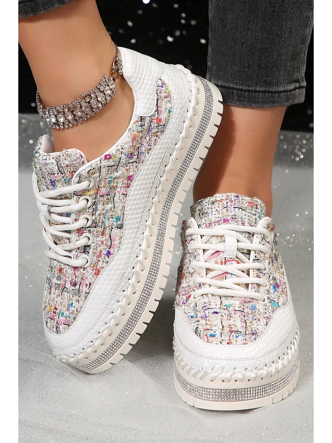 White Shiny Sequin Slip On Thick Sole Flat Shoes