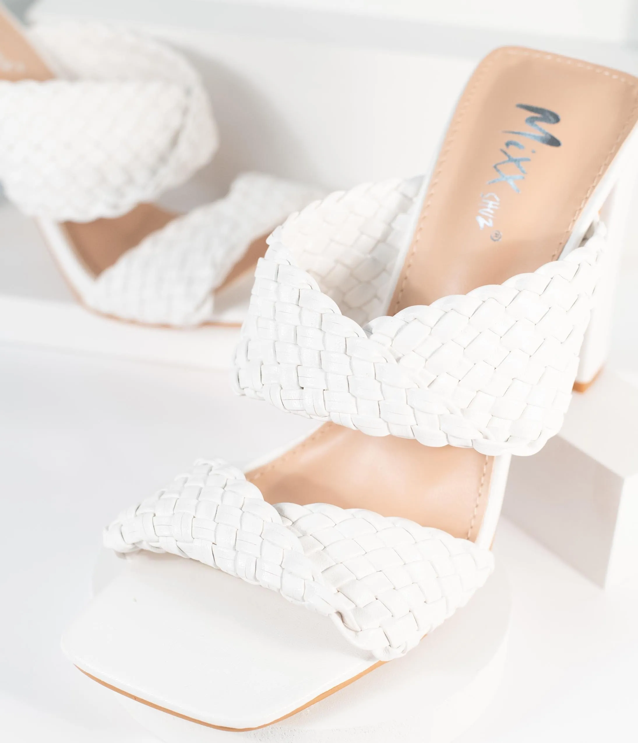 White Woven Leatherette Peep Toe Heels