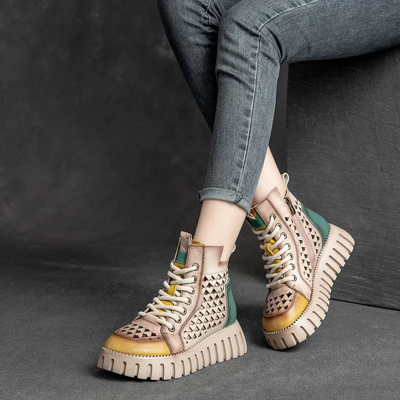 Women Casual Summer Patchwork Hollow Leather Boots