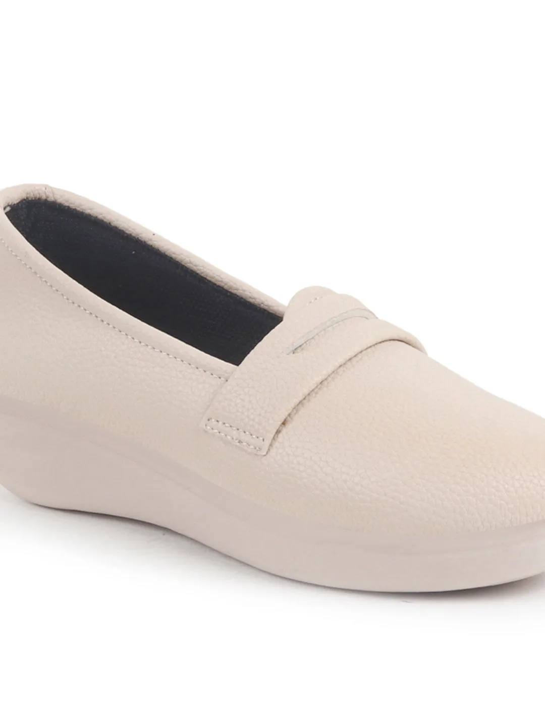 Women Cream Textured Slip On Casual Shoes Flatform Heel Height Enhancer|All Day Comfort|Daily Wear Shoes