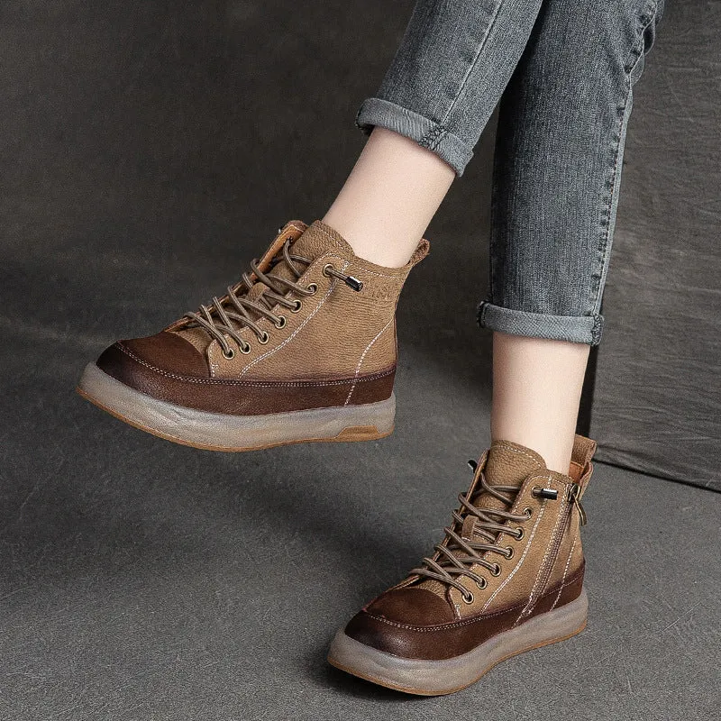 Women Retro Patchwork Leather Flat Soft Ankle Boots