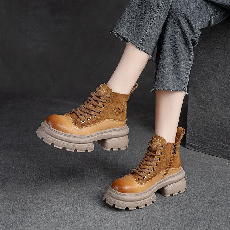 Women Retro Patchwork Leather Furred Chunky Platform Boots