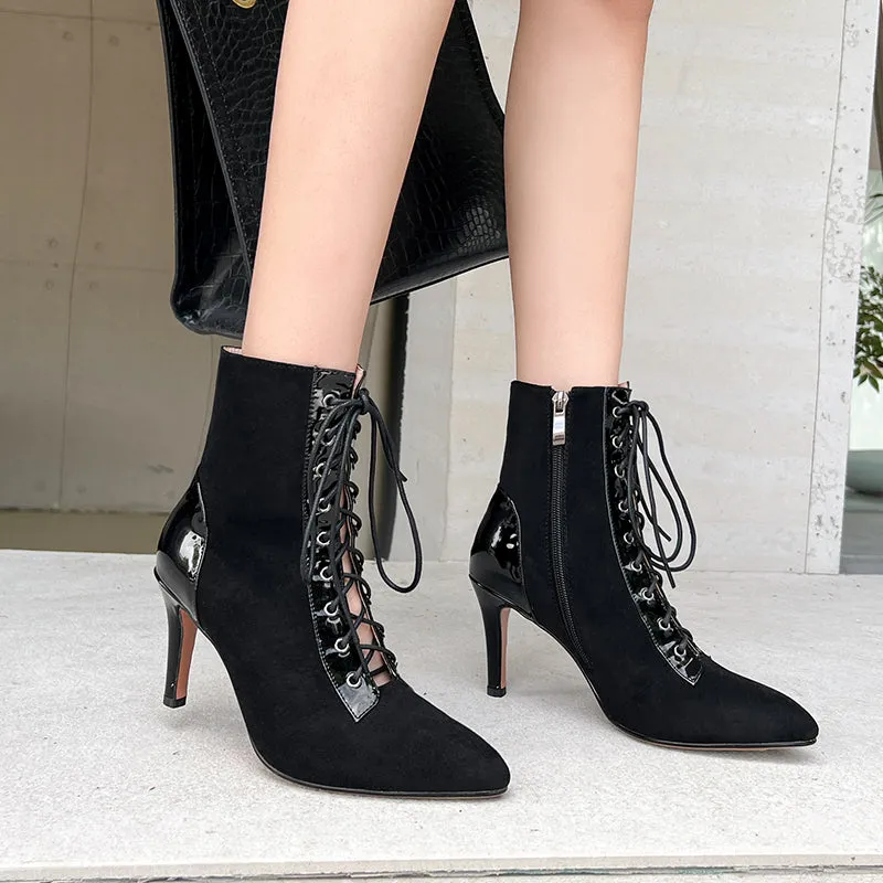 Women's Black 8cm/10cm SLim Heel Rubber Sole Patchwork Leatherette Jazz Shoes Closed Toe Dance Heels Boots