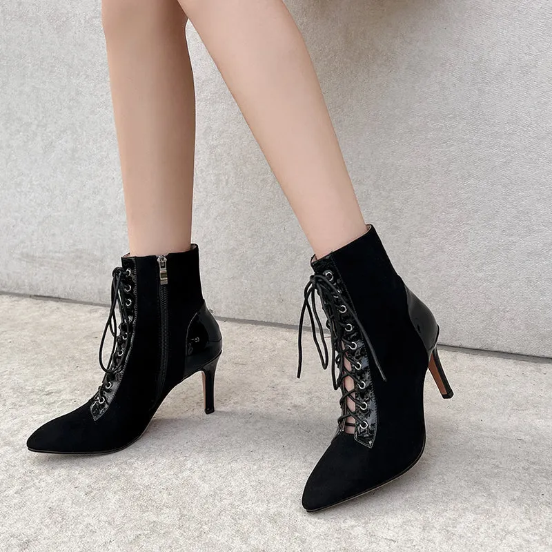 Women's Black 8cm/10cm SLim Heel Rubber Sole Patchwork Leatherette Jazz Shoes Closed Toe Dance Heels Boots