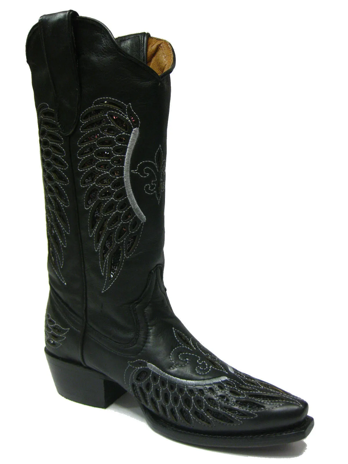 Womens Black Cowboy Boots Fleur-De-Lis & Wings Sequins - Snip Toe